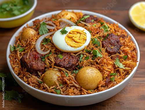 Kolkata mutton biriyani with egg and potatoes.