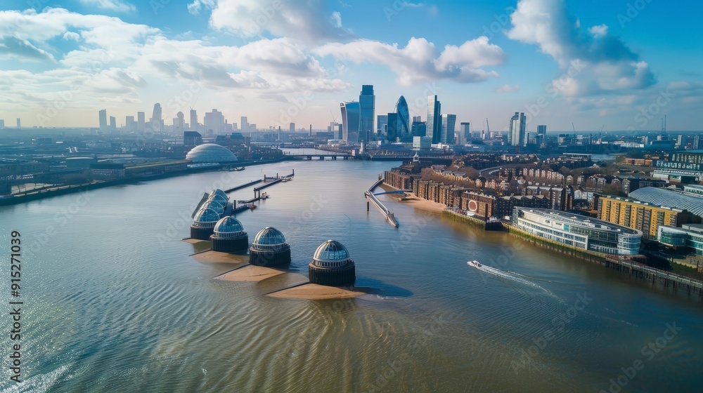Naklejka premium Discover the tranquility of the Thames Barrier and the Docklands area from an aerial view, highlighting the blend of nature and urban development.