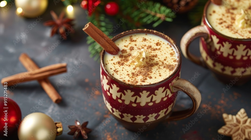 Eggnog served in festive mugs, topped with nutmeg and a cinnamon stick. Eggnog served in festive mugs, topped with nutmeg and a cinnamon stick.