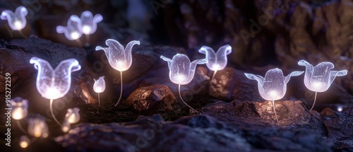 Magical glowing flowers in a nighttime setting, illuminating the surroundings with a soft, ethereal light. Perfect for fantasy or nature themes. photo