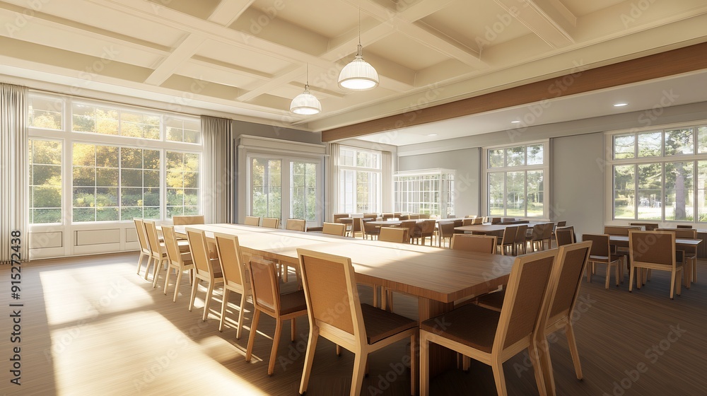 Modern Dining Room with Large Windows and Wooden Furniture Modern Dining Room with Large Windows and Wooden Furniture
