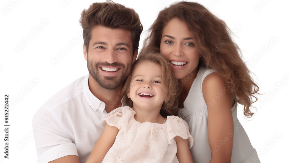 Family of three, parents and child, posing cheerfully together, isolated on transparent background Family of three, parents and child, posing cheerfully together, isolated on transparent background
