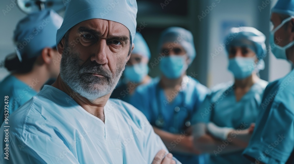 Focused on a stern-looking surgeon in the foreground, this photo captures the intense atmosphere of an operating room with a team of masked medical professionals. Focused on a stern-looking surgeon in the foreground, this photo captures the intense atmosphere of an operating room with a team of masked medical professionals.