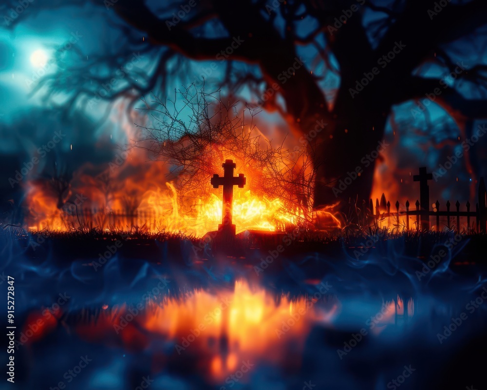 Spooky cemetery with ghostly apparitions and dense fog, creating a haunted scene, Horror, Dark tones, Digital painting Spooky cemetery with ghostly apparitions and dense fog, creating a haunted scene, Horror, Dark tones, Digital painting
