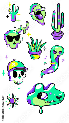 weird psych animal monsters of fluorescent colors, icons, characters, vector separated on transparent background, set of cartoon fluo elements
