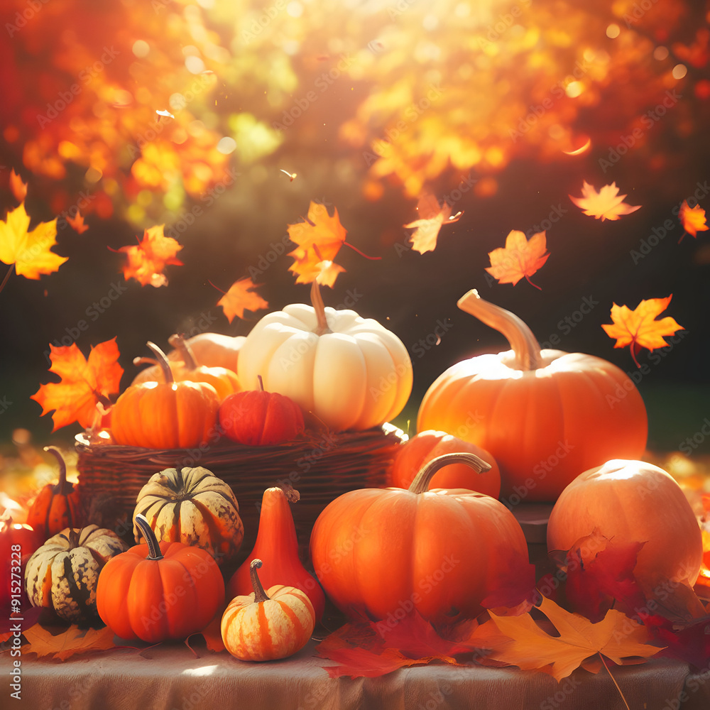 Defocused Bright with Autumn Leaves in the Park, Pumpkins on a Sunny Day Defocused Bright with Autumn Leaves in the Park, Pumpkins on a Sunny Day