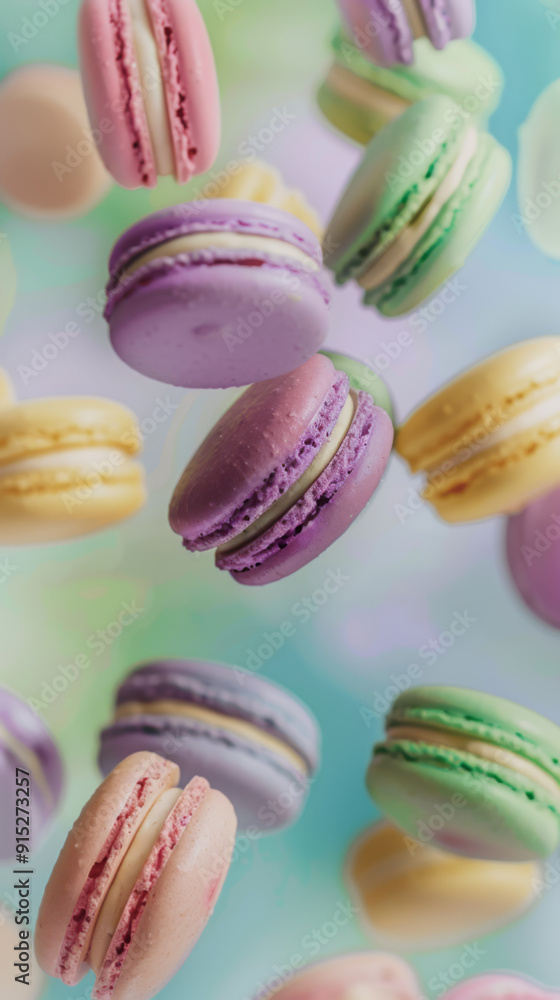 Obraz premium Floating Pastel Macarons on Light Blue Background