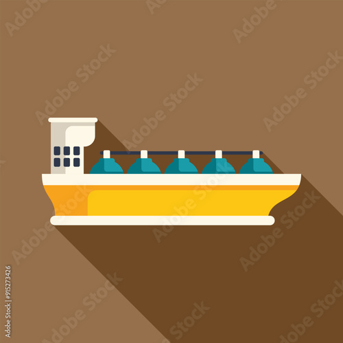 Yellow gas carrier ship transporting liquefied natural gas, side view with long shadow on brown background