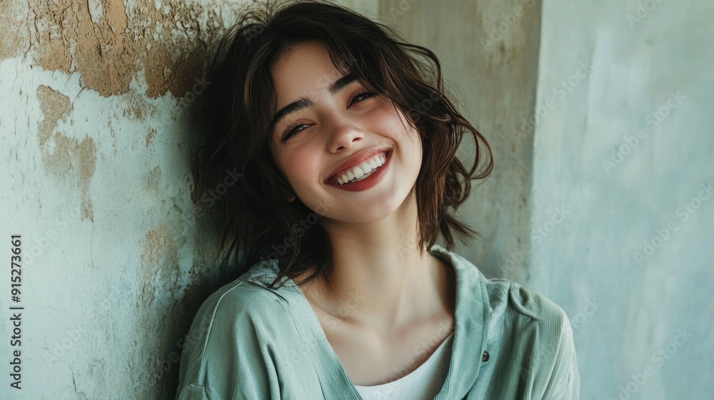 A happy woman smiling while leaning against a wall A happy woman smiling while leaning against a wall