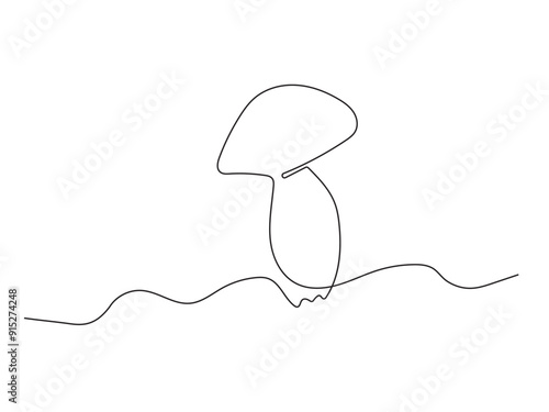 One line (line art) mushroom, isolated on white background (backdrop). Food. Vector illustration.