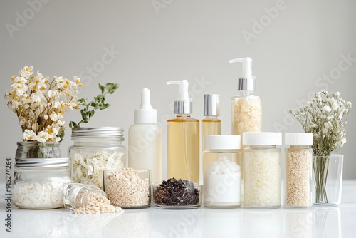 Collection of Natural Skin Care Products and Ingredients on a Minimalist White Countertop