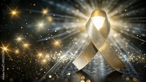 Golden ribbon with glitter and light rays, representing hope.