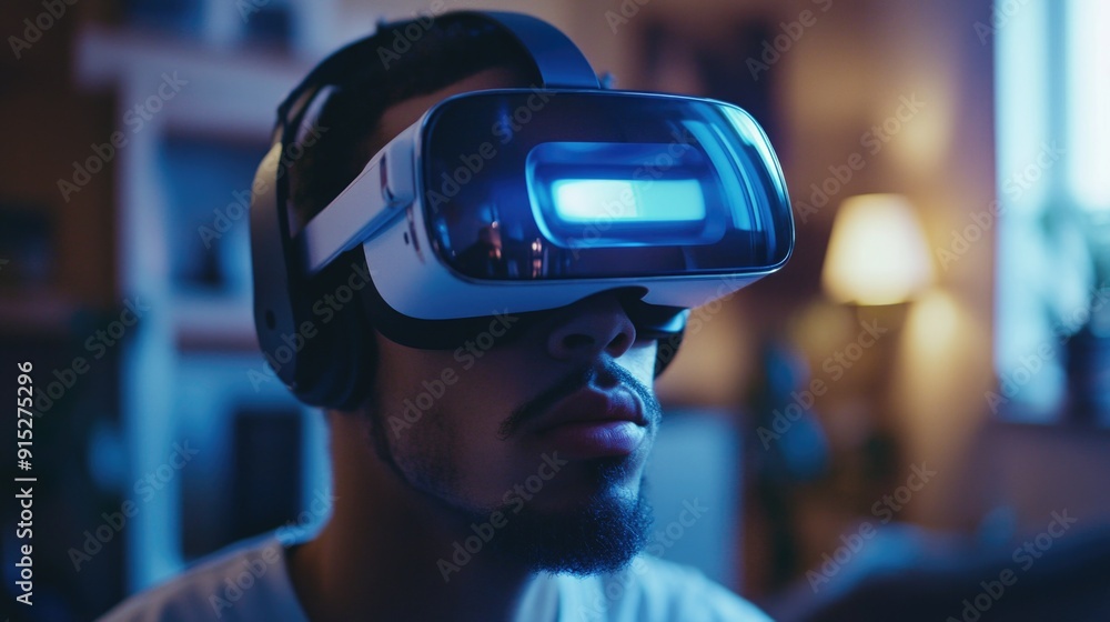 A person sitting on a couch with a virtual reality headset, possibly gaming or watching immersive content A person sitting on a couch with a virtual reality headset, possibly gaming or watching immersive content
