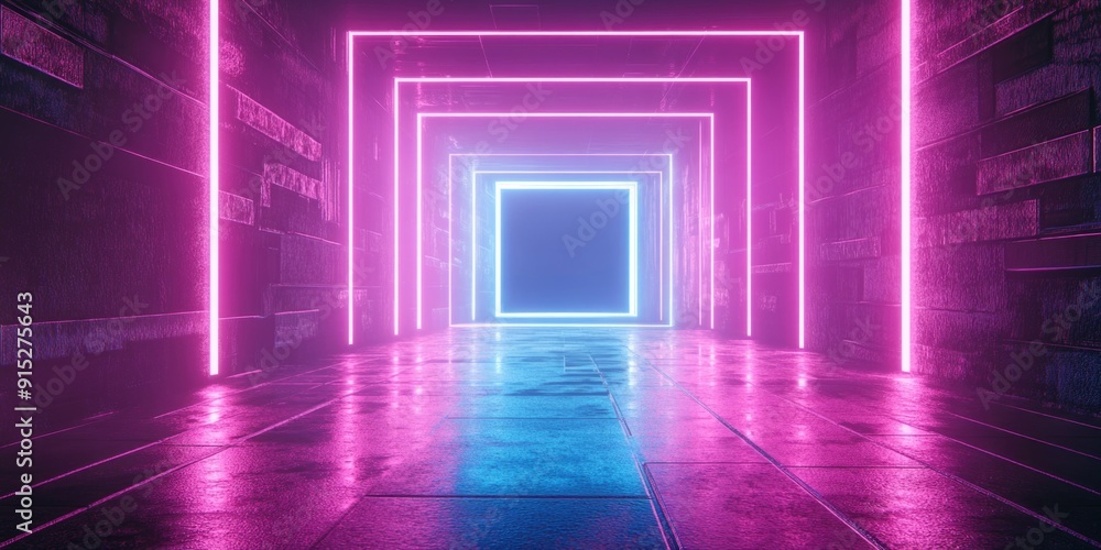 A long hallway illuminated by a neon light at the end A long hallway illuminated by a neon light at the end