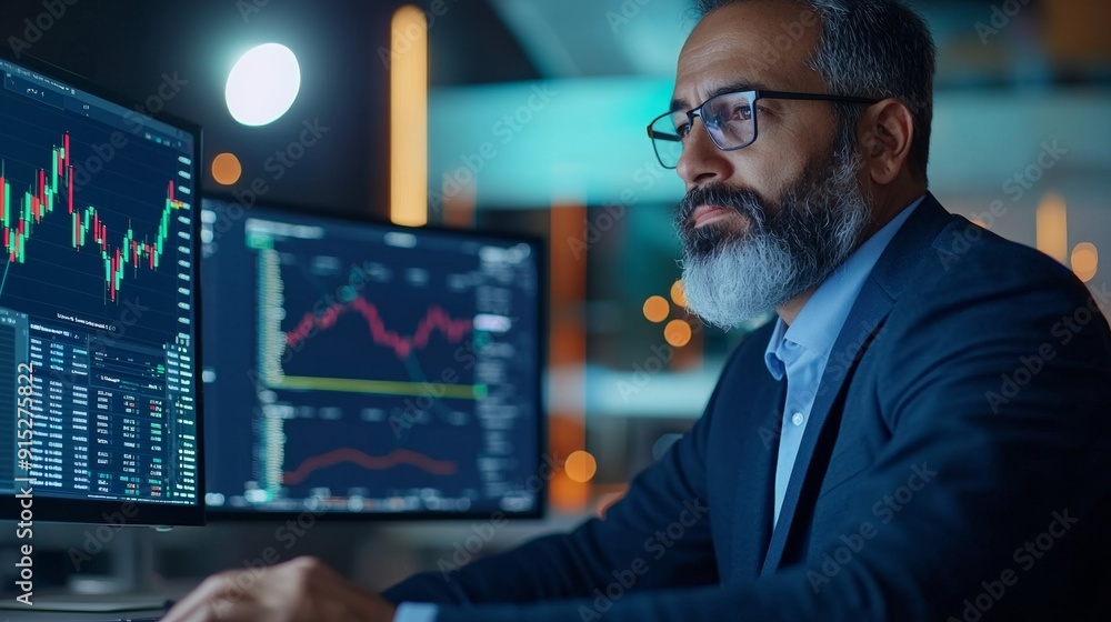 a man in a suit and glasses is looking at a computer screen a man in a suit and glasses is looking at a computer screen