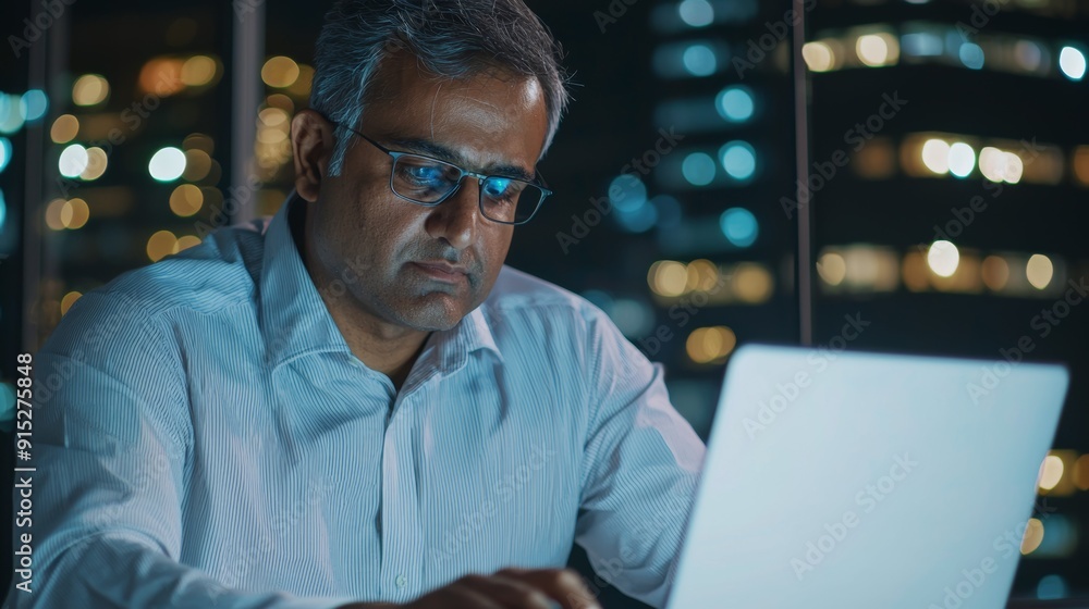 a man in a white shirt and blue glasses using a laptop