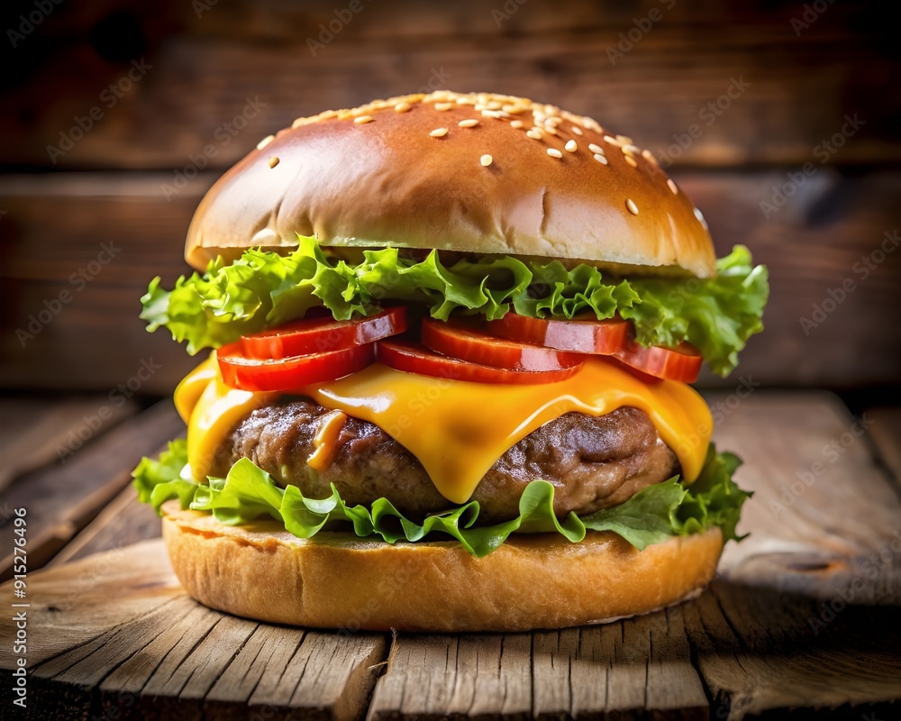 Perfectly Grilled Gourmet Burger with Melty Cheese on a wooden background Perfectly Grilled Gourmet Burger with Melty Cheese on a wooden background