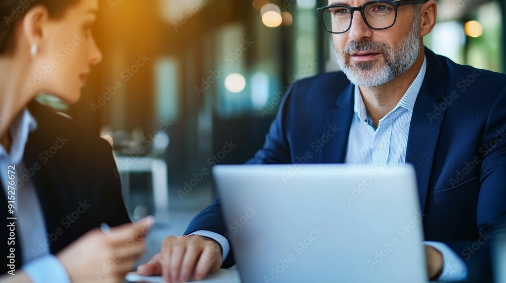 Fototapeta premium a man and woman looking at a laptop
