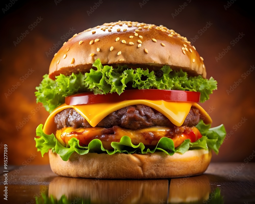 Perfectly Grilled Gourmet Burger with Melty Cheese on a wooden background Perfectly Grilled Gourmet Burger with Melty Cheese on a wooden background