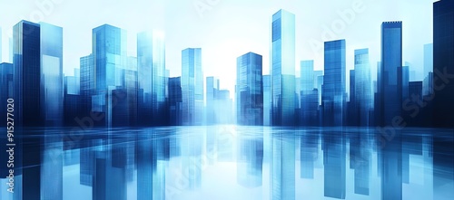Blue glass modern city background with skyscrapers, futuristic abstract architecture. Banner, urban landscape with reflection on the floor. Template for business or corporate presentation design.