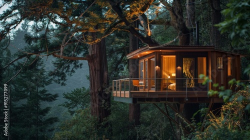 Write about suspended platforms, natural materials, and how treehouse designs in small scale homes offer elevated living experiences amidst natural landscapes.