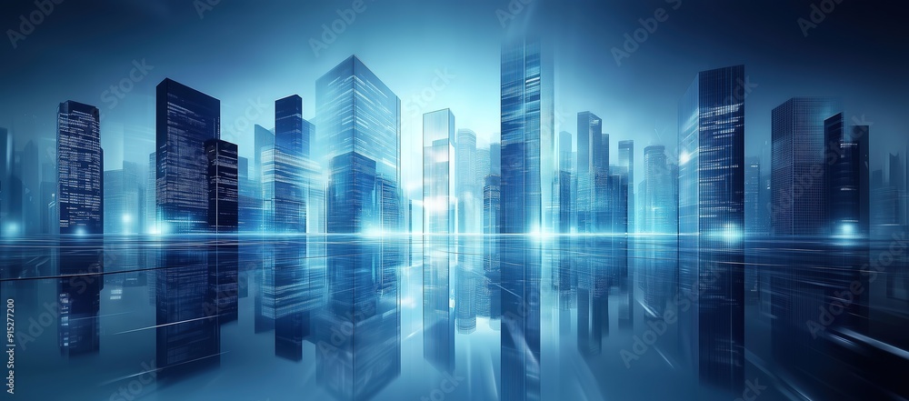 Abstract Cityscape with Glass Buildings and Skyscrapers in Blue Tones, Reflecting Urban Development and Business District. Photorealistic 3D Rendering Highlighting Modern Architecture。 Abstract Cityscape with Glass Buildings and Skyscrapers in Blue Tones, Reflecting Urban Development and Business District. Photorealistic 3D Rendering Highlighting Modern Architecture。