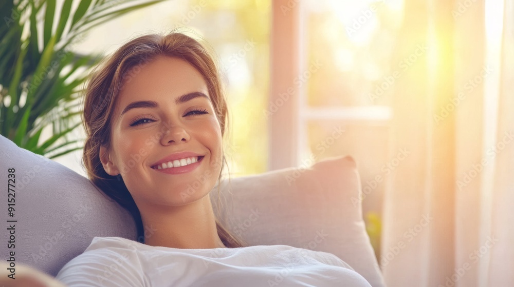 a woman smiling while lying on a couch a woman smiling while lying on a couch