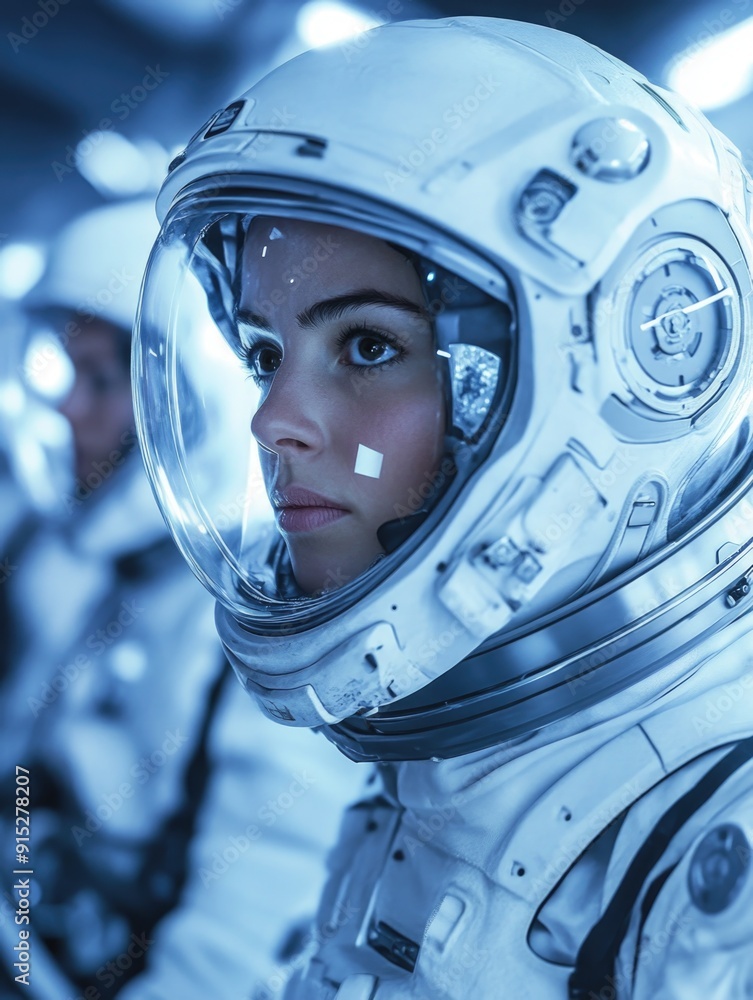 Close-up view of a person wearing a space suit, unknown mission or exploration Close-up view of a person wearing a space suit, unknown mission or exploration