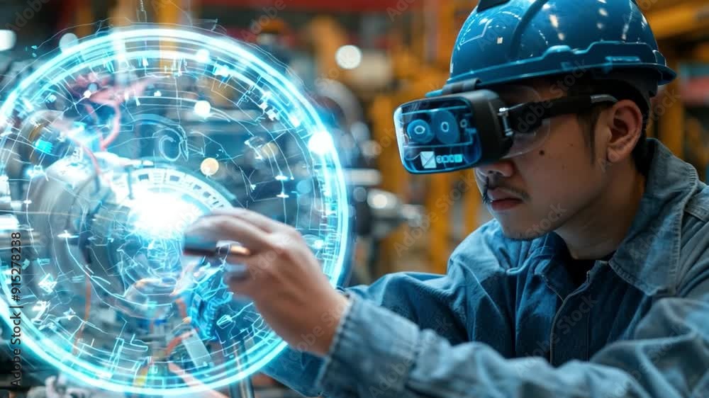 A worker using augmented reality glasses to repair machinery, highlighting the integration of advanced technology in maintenance A worker using augmented reality glasses to repair machinery, highlighting the integration of advanced technology in maintenance