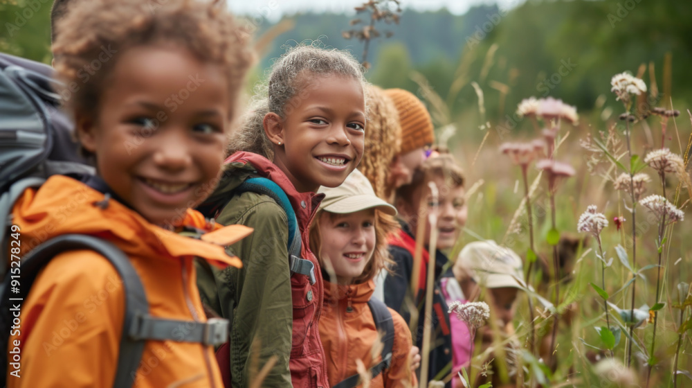 School children exploring nature on a field trip School children exploring nature on a field trip