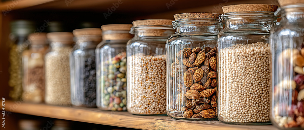 A row of glass jars filled with various nuts, grains, and dried fruit displayed on a wooden shelf in a pantry or kitchen setting A row of glass jars filled with various nuts, grains, and dried fruit displayed on a wooden shelf in a pantry or kitchen setting