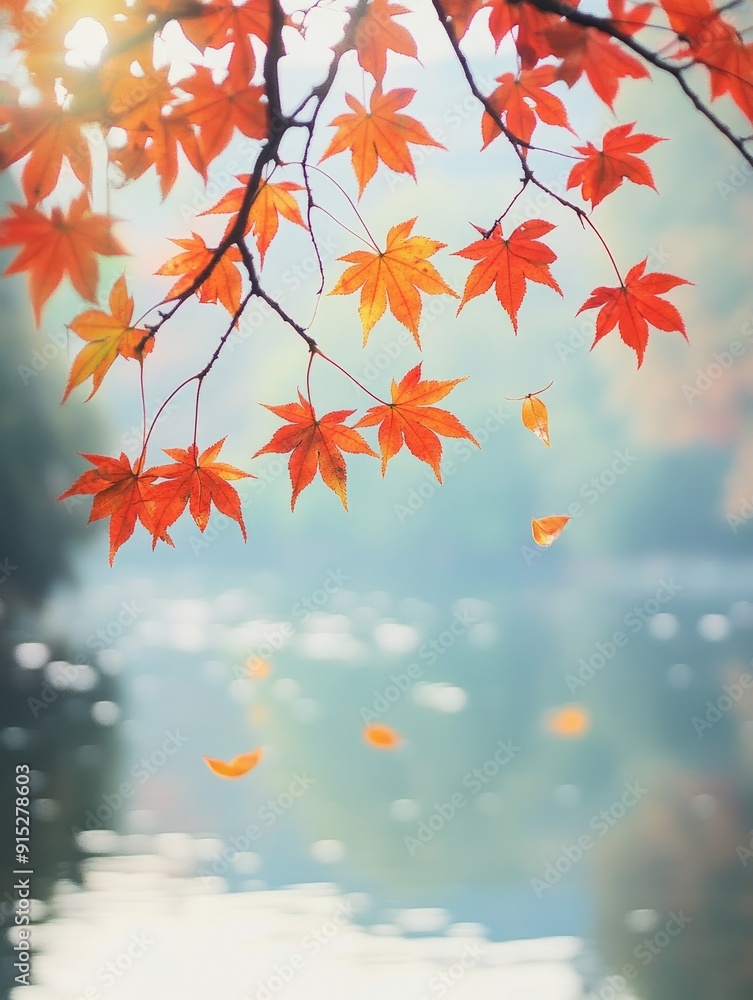 Maple autumn leaves hang on the tree branch in front of the Lake with blurred background Maple autumn leaves hang on the tree branch in front of the Lake with blurred background