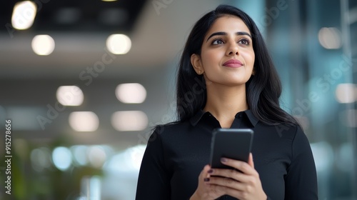 a woman looking up at her cell phone