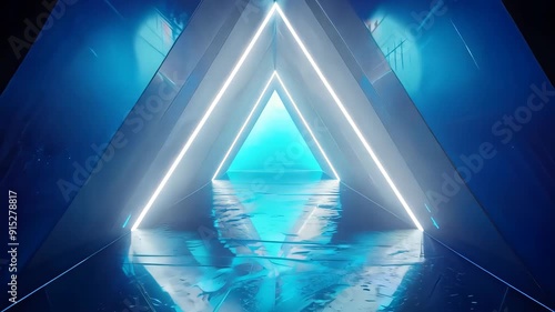 Futuristic neon triangles in mesmerizing passageway with reflections