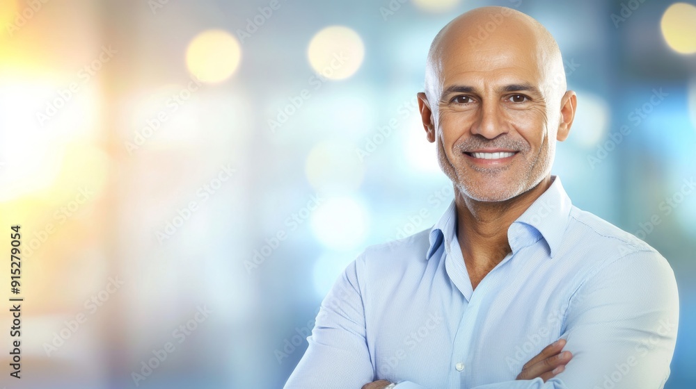 a man with a bald head and a blue shirt a man with a bald head and a blue shirt