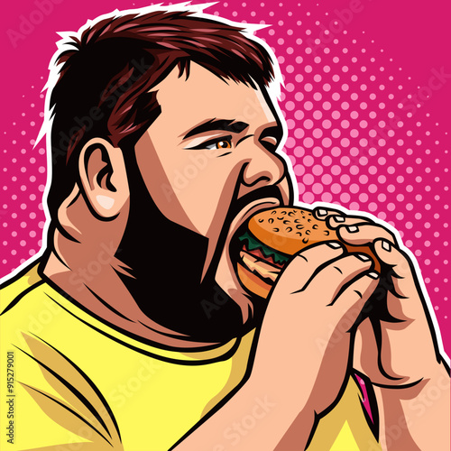 Illustration vector graphic of fat man eating burger