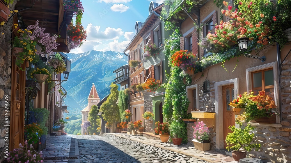 Charming European Village with Colorful Houses and Flower Pots. AI generated illustration. Charming European Village with Colorful Houses and Flower Pots. AI generated illustration.