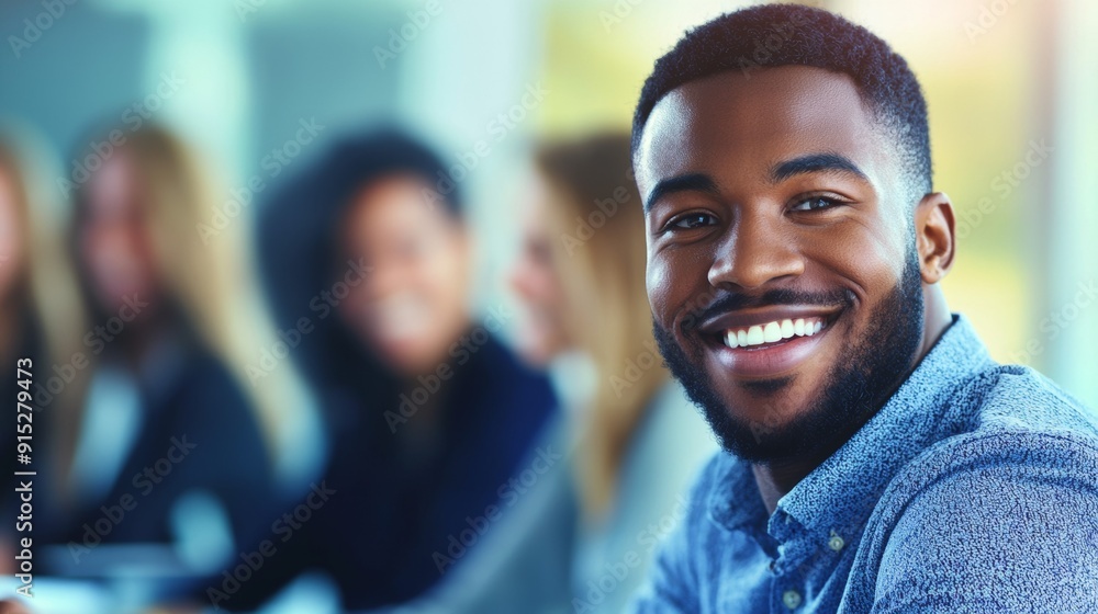 a smiling man in front of a group of people a smiling man in front of a group of people