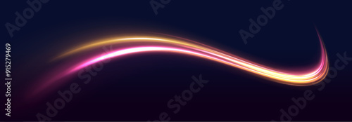 Lines in the shape of a comet against a dark background. Vortex streams of neon light. Magic of moving fast lines. Neon Color Blurred Motion On Speedway. 