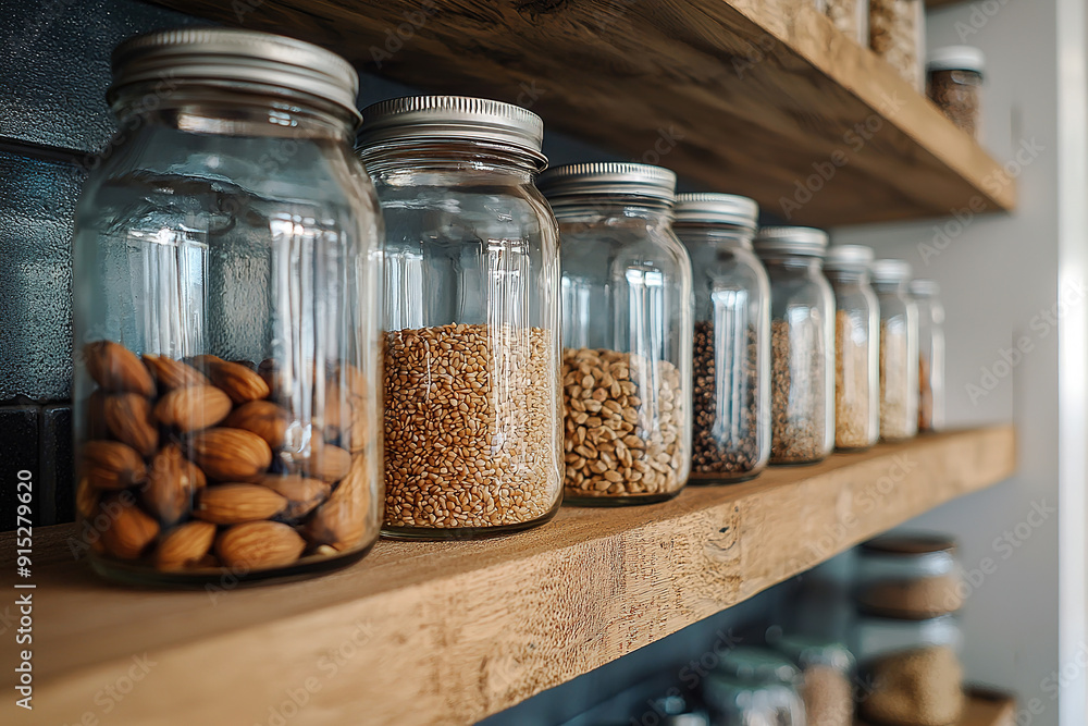 A row of glass jars filled with various nuts, grains, and dried fruit displayed on a wooden shelf in a pantry or kitchen setting A row of glass jars filled with various nuts, grains, and dried fruit displayed on a wooden shelf in a pantry or kitchen setting