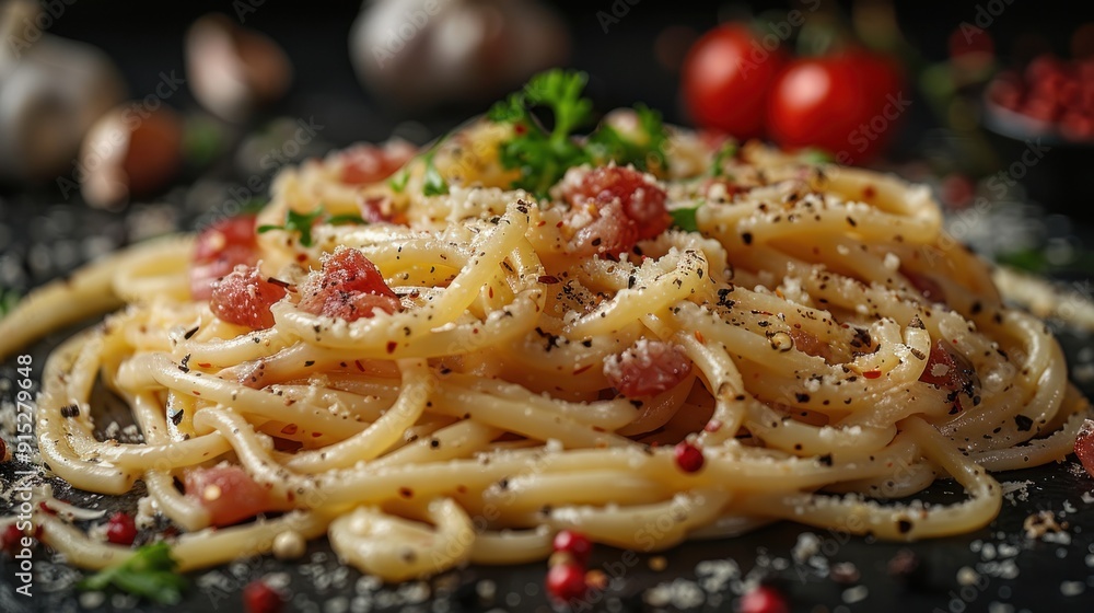 Close-up of Delicious Carbonara Pasta with Parmesan Cheese and Pepper Close-up of Delicious Carbonara Pasta with Parmesan Cheese and Pepper