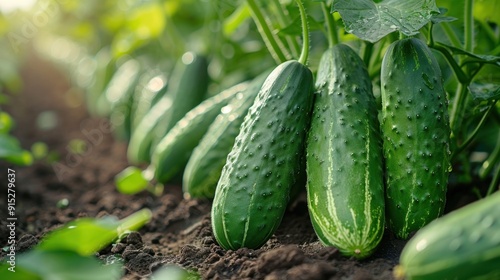 Green Cucumbers Growing in the Garden