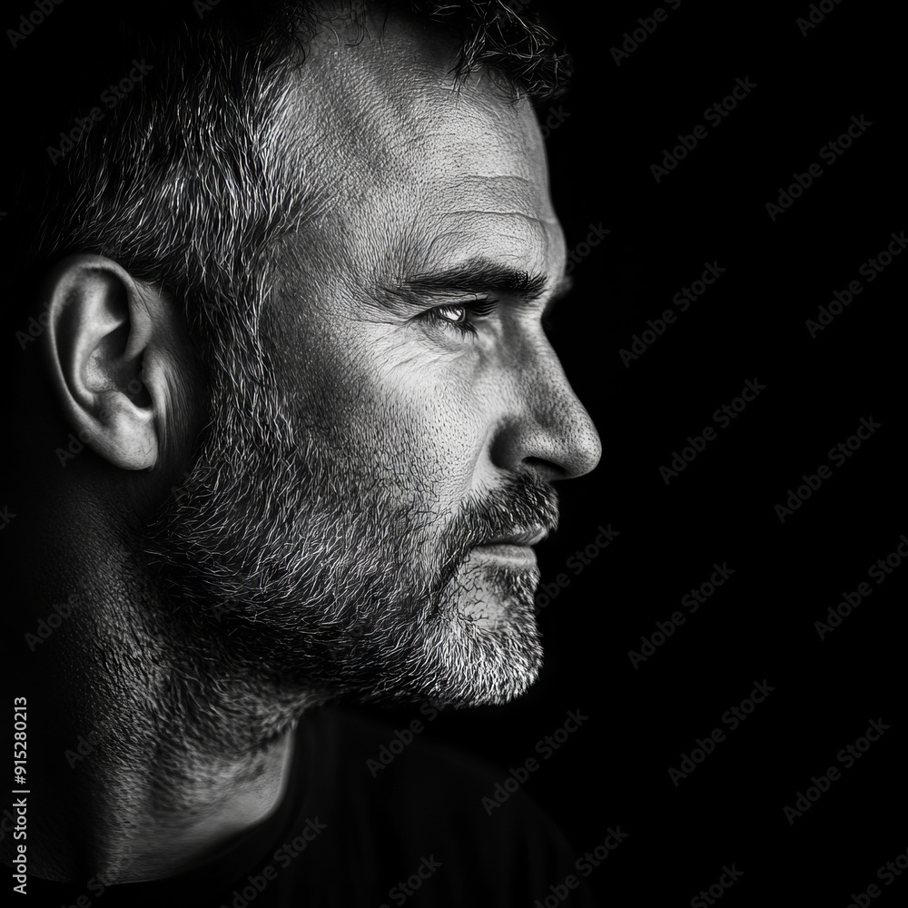 Obraz premium Grayscale Portrait of Strong-Willed American Man with Stubble