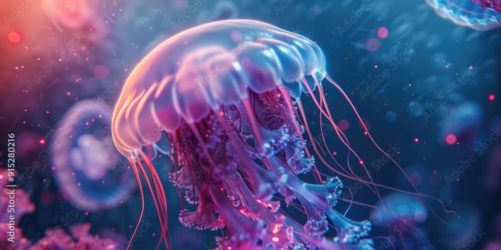 Fototapeta premium Glowing Moon Jellyfish with Translucent Bell and Bioluminescent Glow