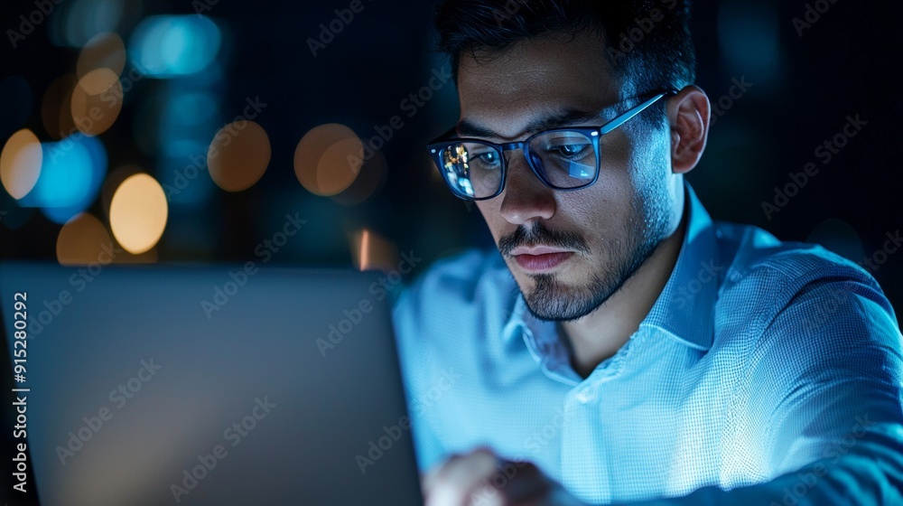 a man wearing glasses using a laptop computer a man wearing glasses using a laptop computer