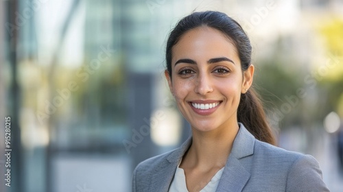 a woman smiling in front of a glass wall