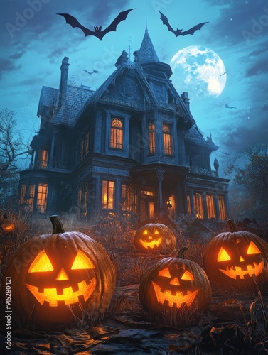 A group of pumpkins sit in front of a house, perfect for fall decorations or Halloween themes