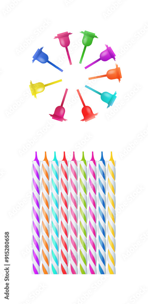 Fototapeta premium 3d realistic colorful candles for birthday cake. Holiday candles with burning flames candlelight on wicks, celebration objects. Vector