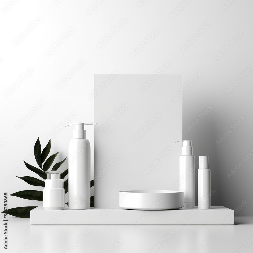 custom made wallpaper toronto digitalset of cosmetic containers line with white color and copy space makeup, and skin care items, on white background. AI generated