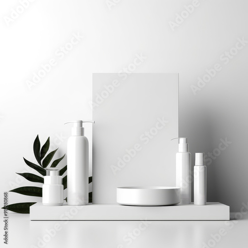 Wallpaper Mural set of cosmetic containers line with white color and copy space makeup, and skin care items, on white background. AI generated Torontodigital.ca